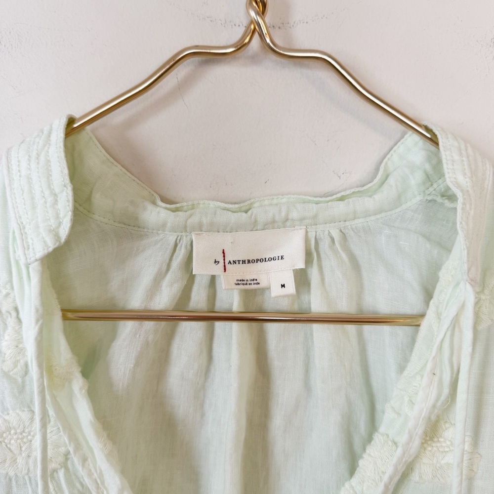 by Anthropologie Mint Green Floral Embroidered Linen Peasant Blouse M - Picture 10 of 11